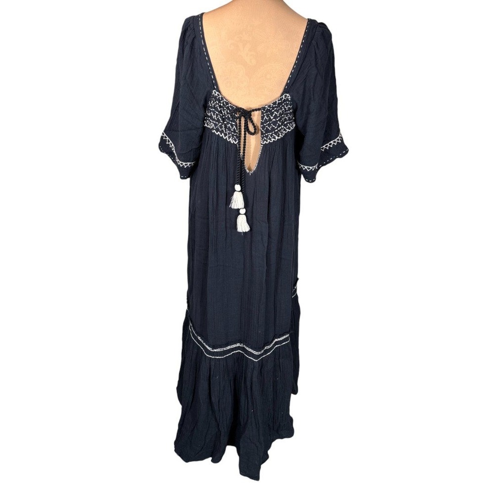 Free People I'm The One Maxi Dress Black White Embroidered Gauze Cotton Tassel L - Picture 3 of 9